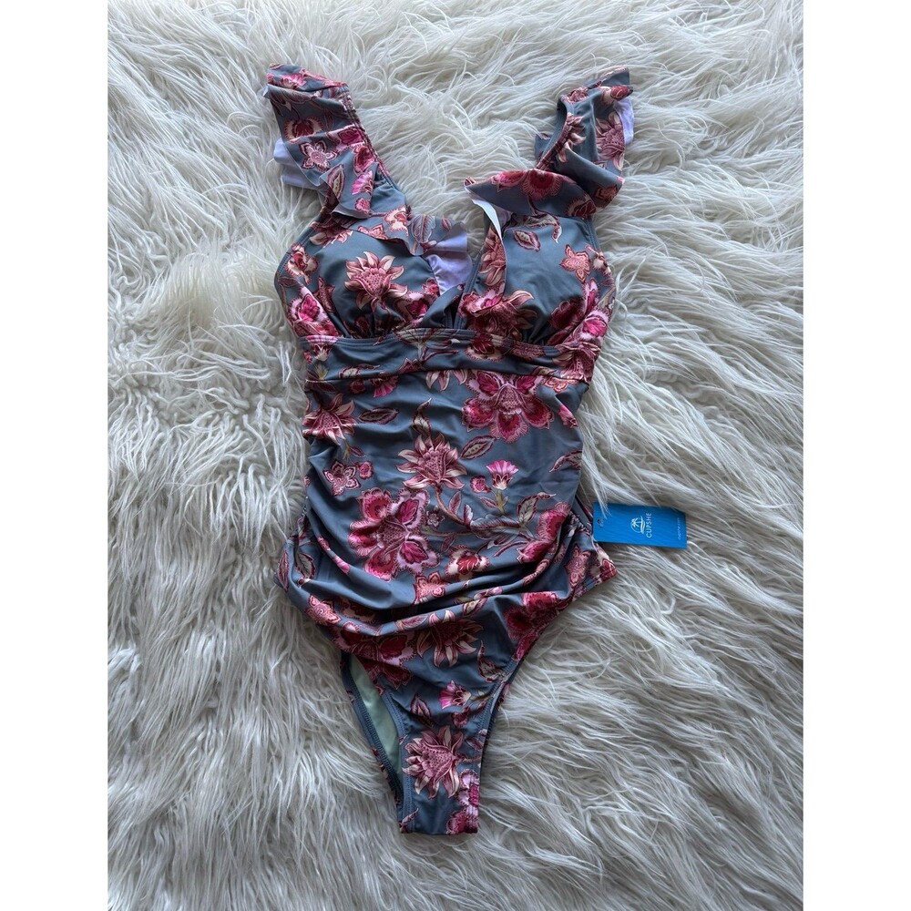 Cupshe Eucalyptus Floral Flutter Lace-Up Back One-Piece Size Small